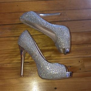DBC Crystal Encrusted Peep-Toe Platform Heels